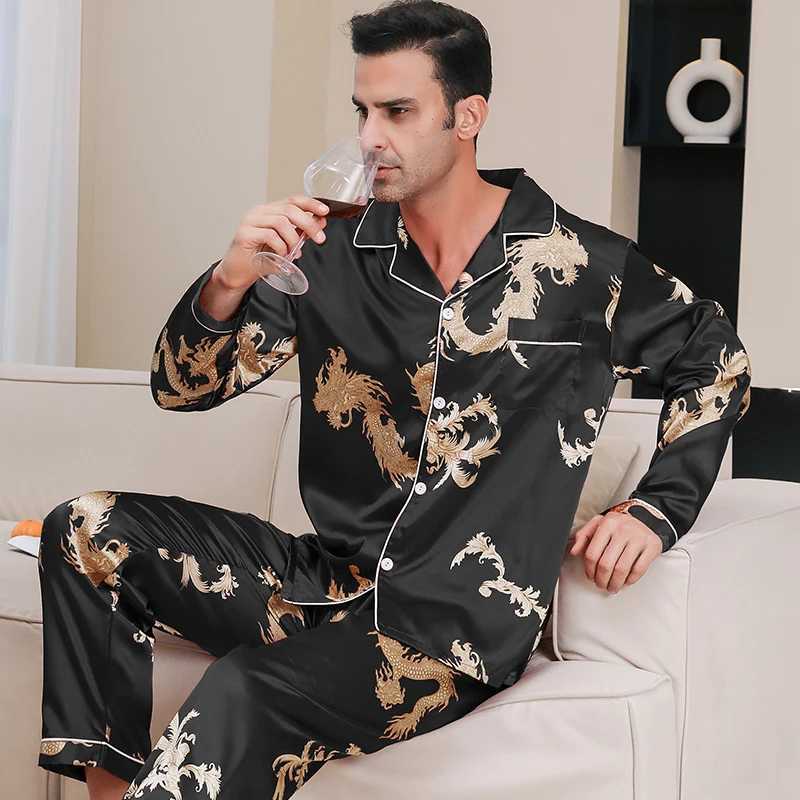 Ice silk pajamas for mens spring and autumn 2024 new long sleeved Chinese dragon red zodiac year summer Large size sleepwearsXJ241227
