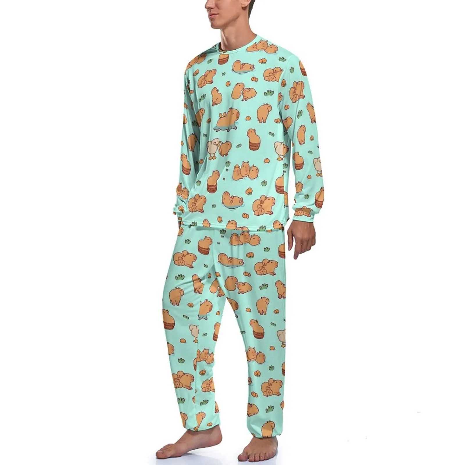 Cute Capybara Art Pajamas Animal Print Man Long Sleeve Elegant Pajama Sets 2 Pieces Aesthetic Spring Nightwear Birthday GiftXJ241227