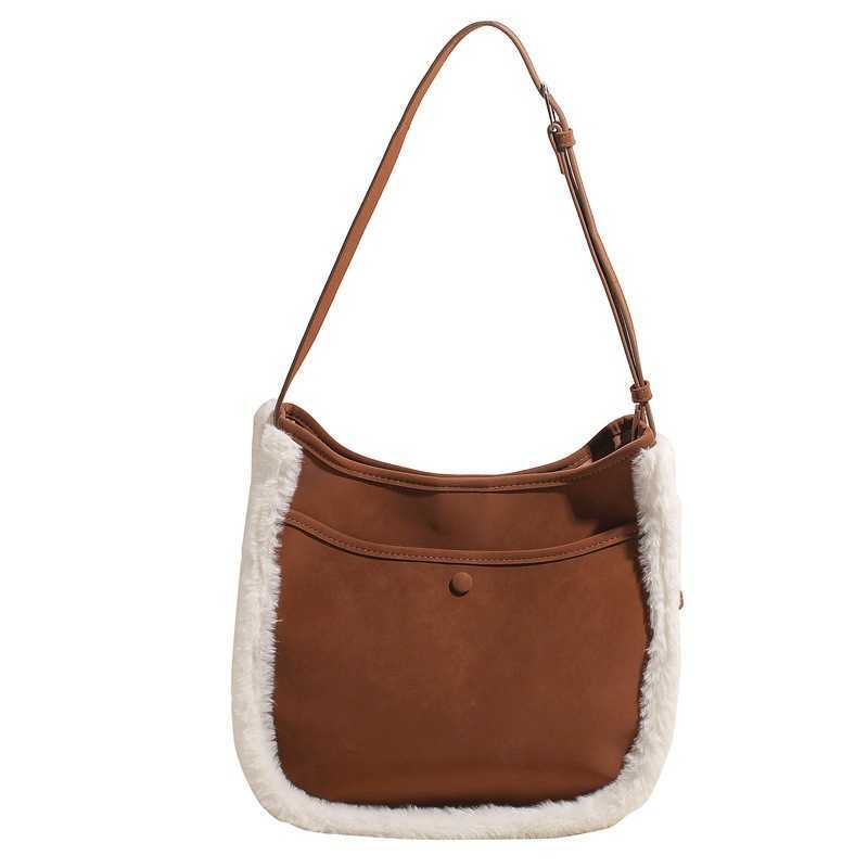 autumn winter frosted leather paired with lamb wool bucket bag, women's diagonal cross high-end feeling, large capacity tote bag 241215