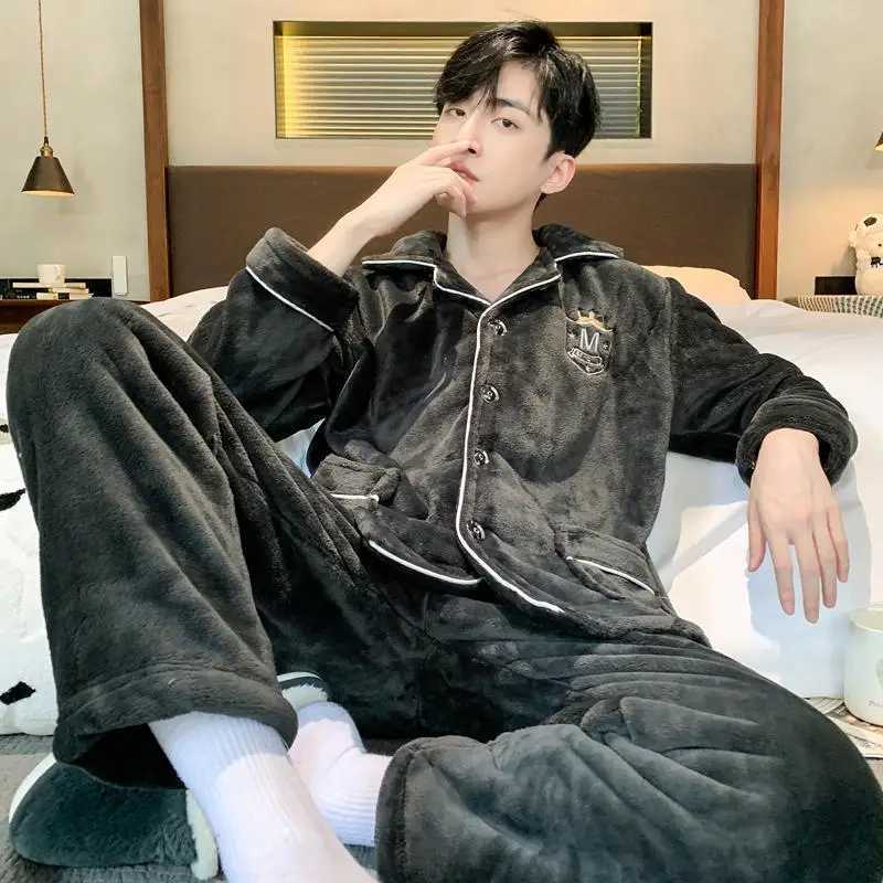 Autumn Winter Coral Fleece Mens Pajamas Set Thicken Flannel Warm Sleepwear OverSized Solid Cardigan Pajama Men Pyjamas HomeWearXJ241227