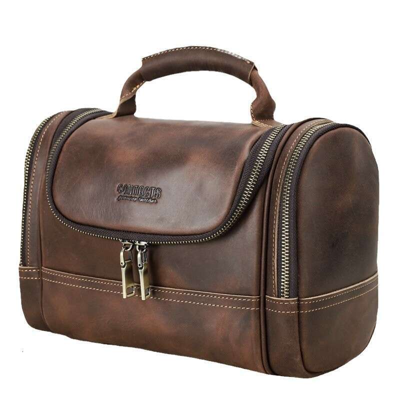 Black Angel Crazy Horse Cowhide Multi Zipper Portable Wash Large Capacity Trendy Makeup Storage Bag