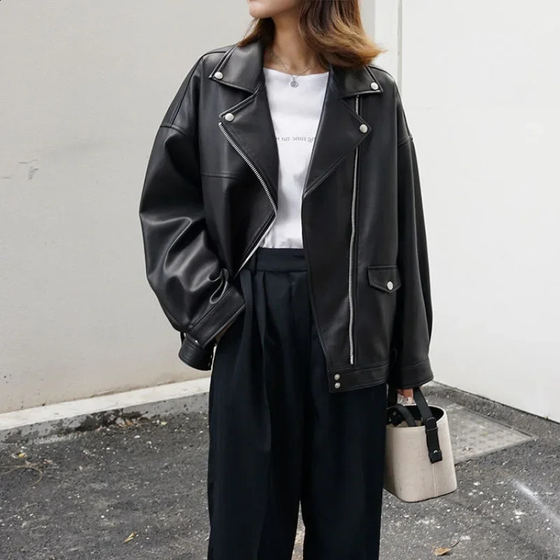 Korean n Sensibility Casual LooseFit Black Motorcycle Leather Jacket For Women Spring Autumn Versatile Slimming Plus Size 241223