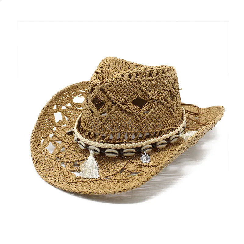 Western Cowboy Hat for Women Men Paper Straw Wide Brim Beach Cap UV Protection Cowgirl Fedoras Mens Hats Sombrero Hombre 241227