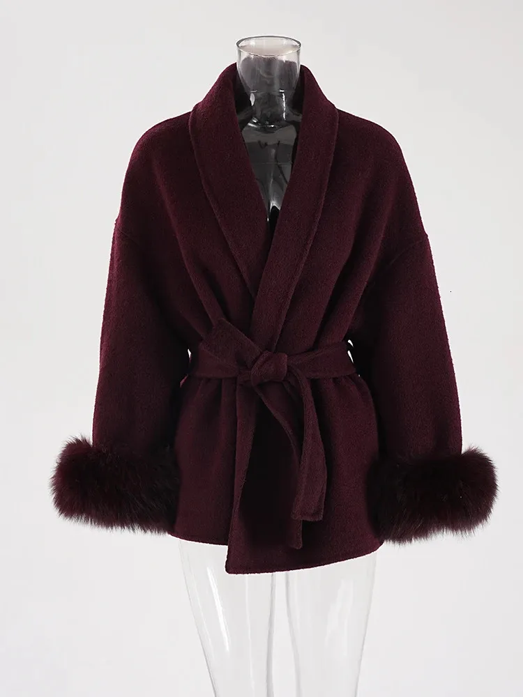 Trend Winter Large Belt Wool Coat Collar Long Sleeve Womens Jacket With Wine Red Fur Cuffs