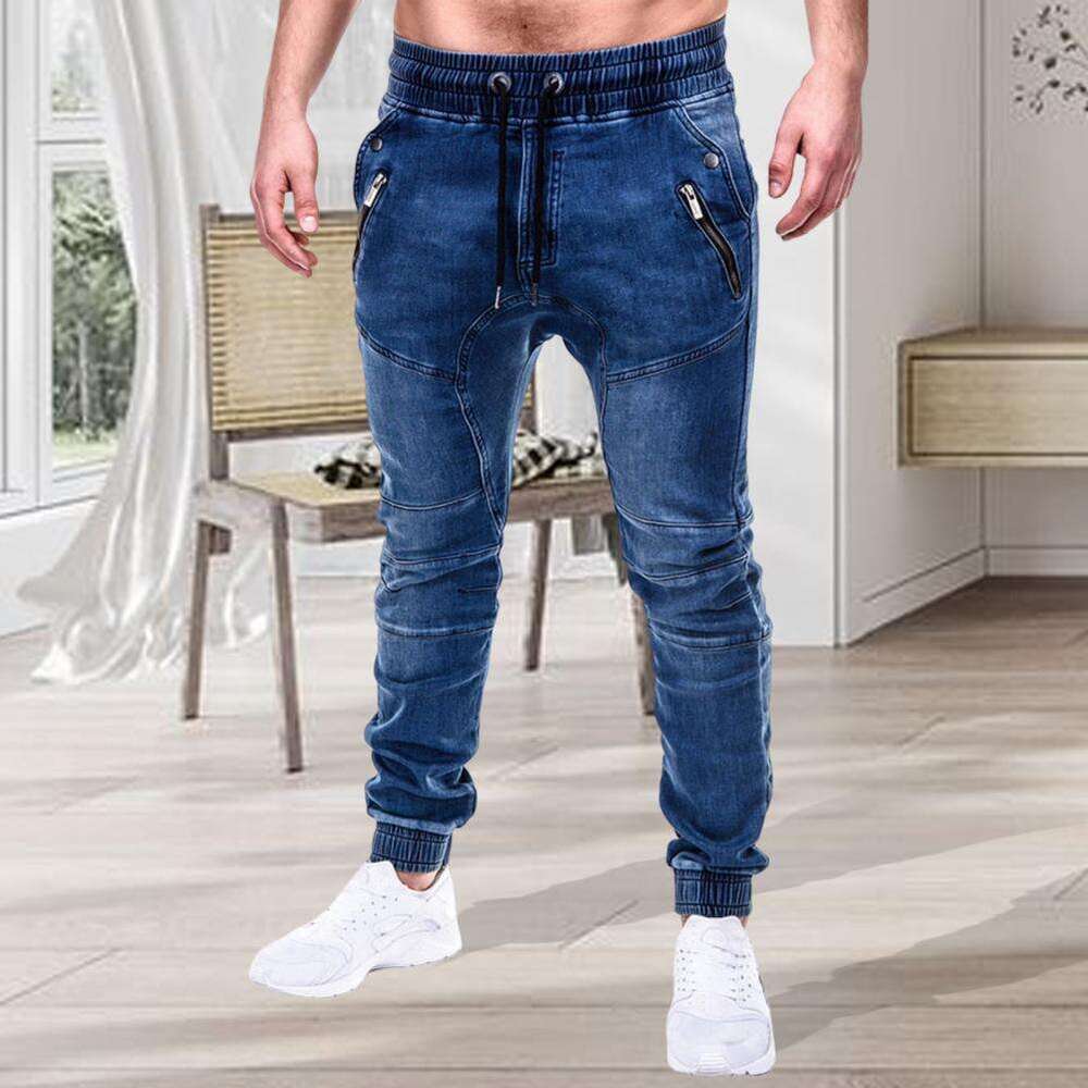 Men's Outdoor Summer Riding Motorpoof Skinny Jeans Fashion Pockets Pencil Pants Ankle Tied Denim Trousers
