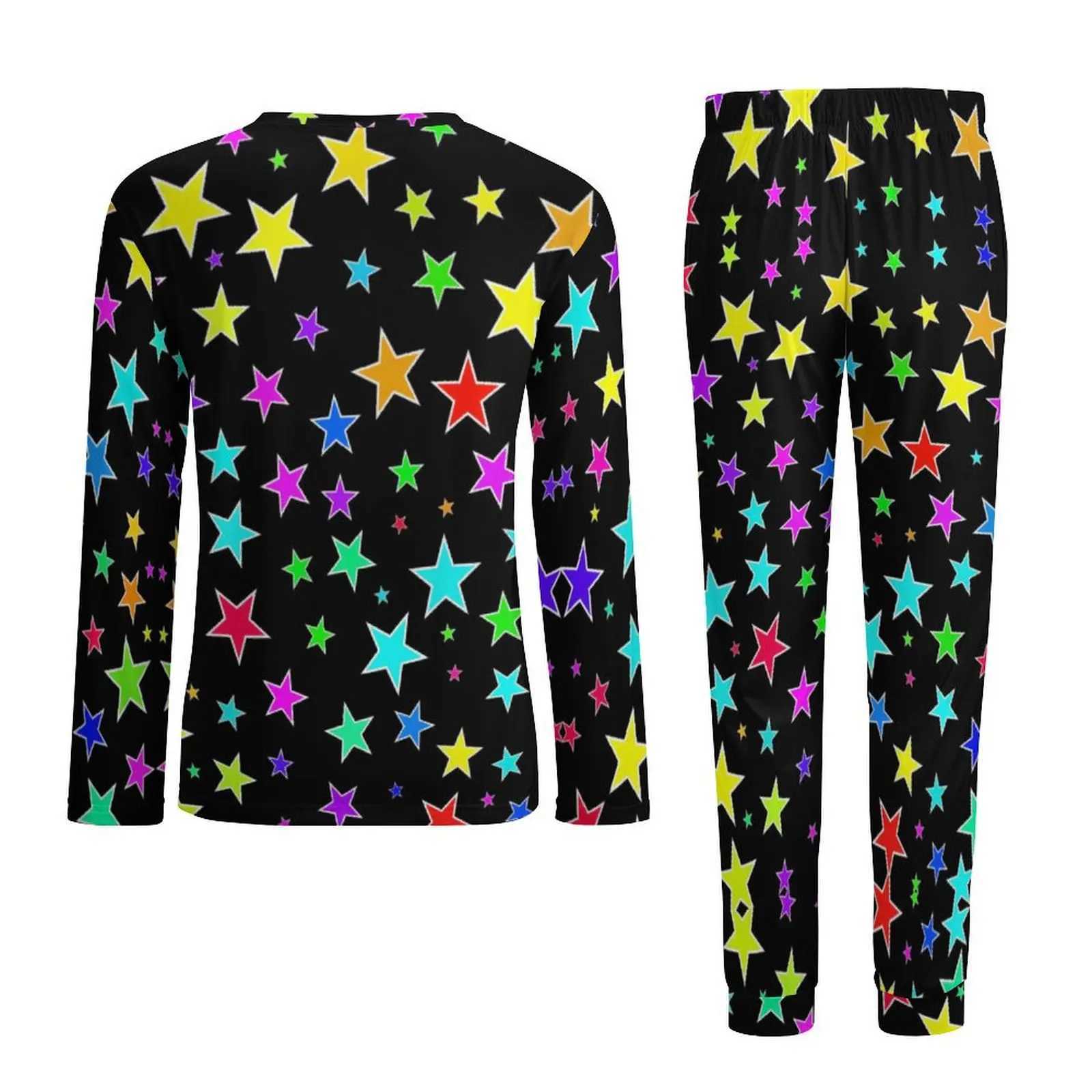 Colorful Stars Pajamas Autumn 2 Pieces Fun Star Print Soft Pajama Sets Man Long Sleeve Room Design Nightwear Large SizeXJ241227