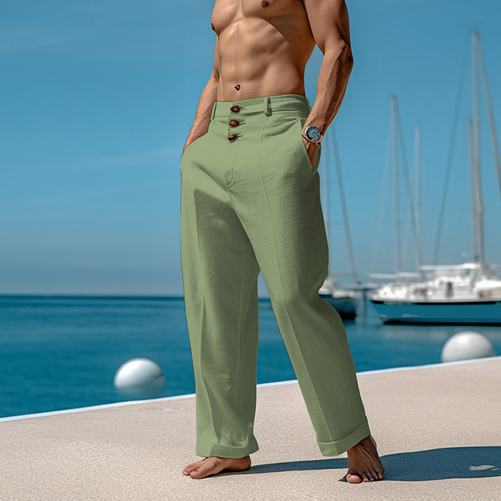 Cotton en Casual Pants For Men Solid color Buttoned Loose Comfort Ventilate Long Trousers Spring Summer Beach Pant Streetwear