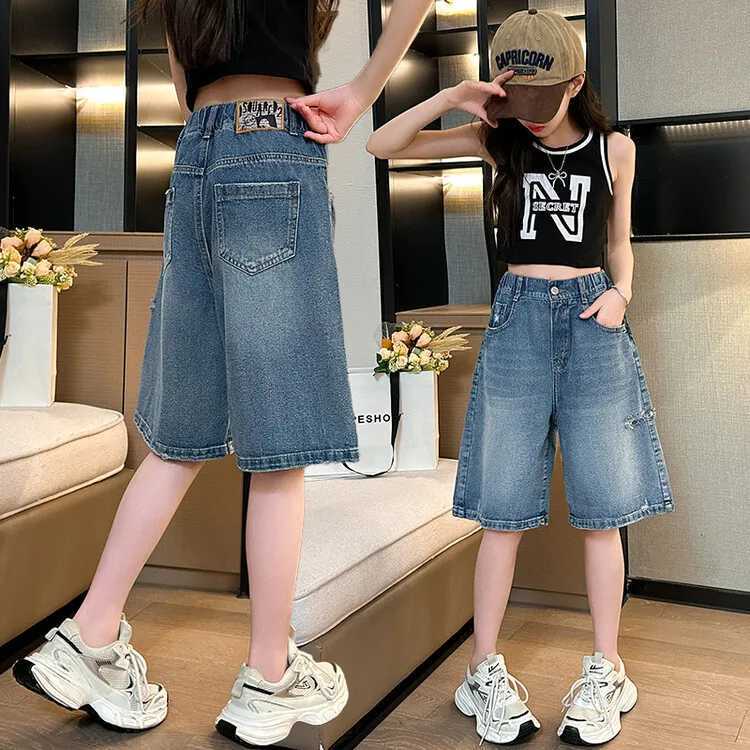 Teens Girls denim Half Pants 2024 Summer Western-style holed shorts Girls Casual Solid Color Children Knee Length Pants W241227