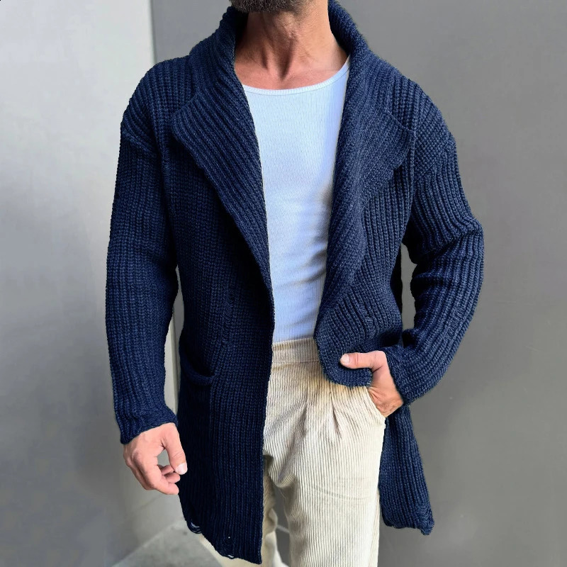 2025 Spring Trendy Mens Sweater Jacket Coat Vintage Pockets Turn-down Collar Knitting Coats Men Casual Solid Color Sweatercoats 241224