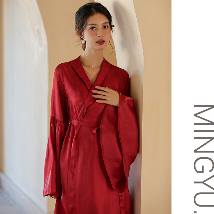 B601-Fairy style bridal morning gown high-grade imitation silk pajamas women summer new solid color ladies home nightgown