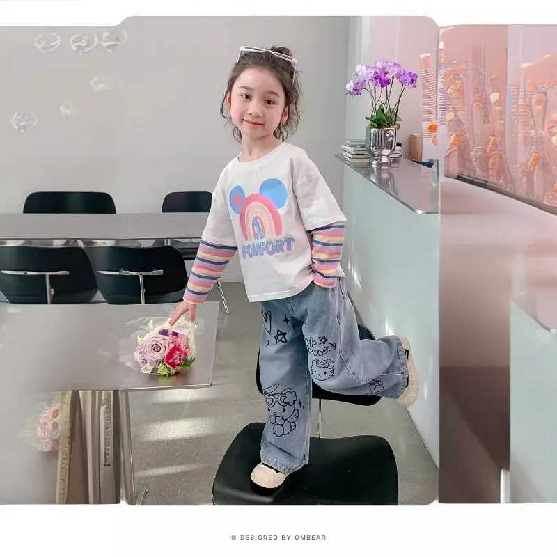 Girls wide leg jeans in spring and autumn cute retro straight tube girl in spring children wearing spring pants W241227