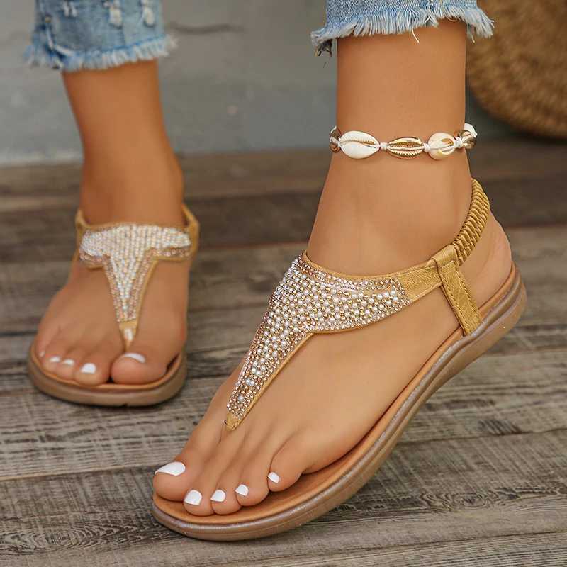 High Quality Shiny Pearl Bohemian Style Flat Sandals Women Summer Clip Toe Beach Sandals Woman Non Slip Rome Shoes Flip Flops Women T241227