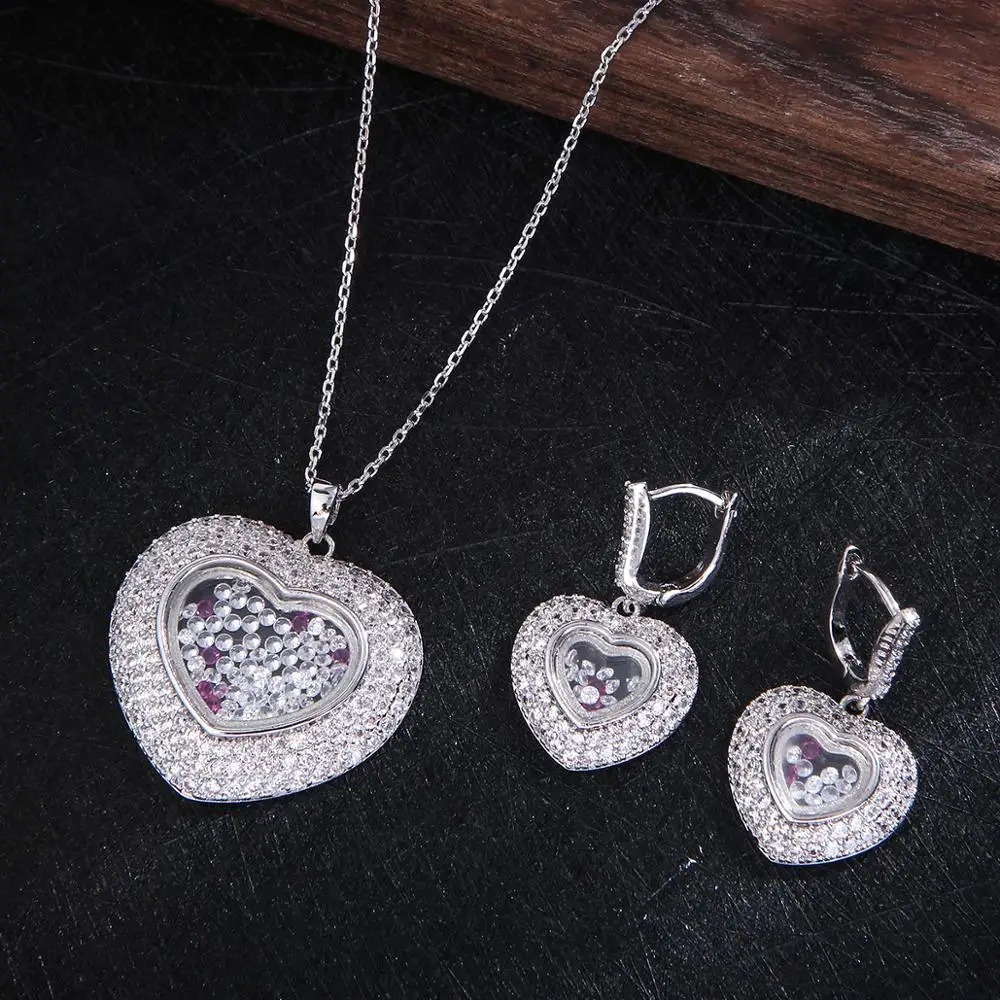 Trendy Lover Heart Wedding Necklace Earrings For Women Full Cubic Zirconia Bridal Jewelry Sets pendientes mujer moda E7664 241226