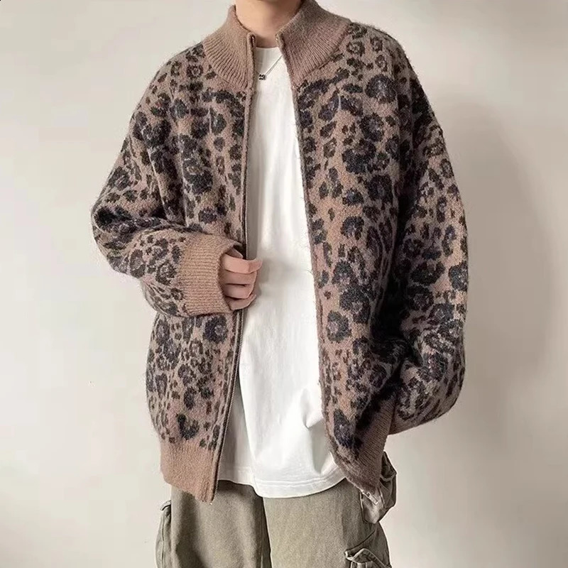 Stylish Leopard Sweater Jackets Men Streetwear Vintage Y2K Style Stand Collar Knitted Jacket Coat Mens Fall Winter Casual Coats 241224