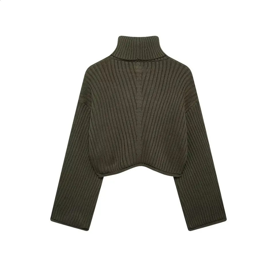 DUOPERI Women Fashion Green Knitted Sweater Long Sleeves Turtleneck Pullover Female Chic Lady Casual Crop Tops 241223