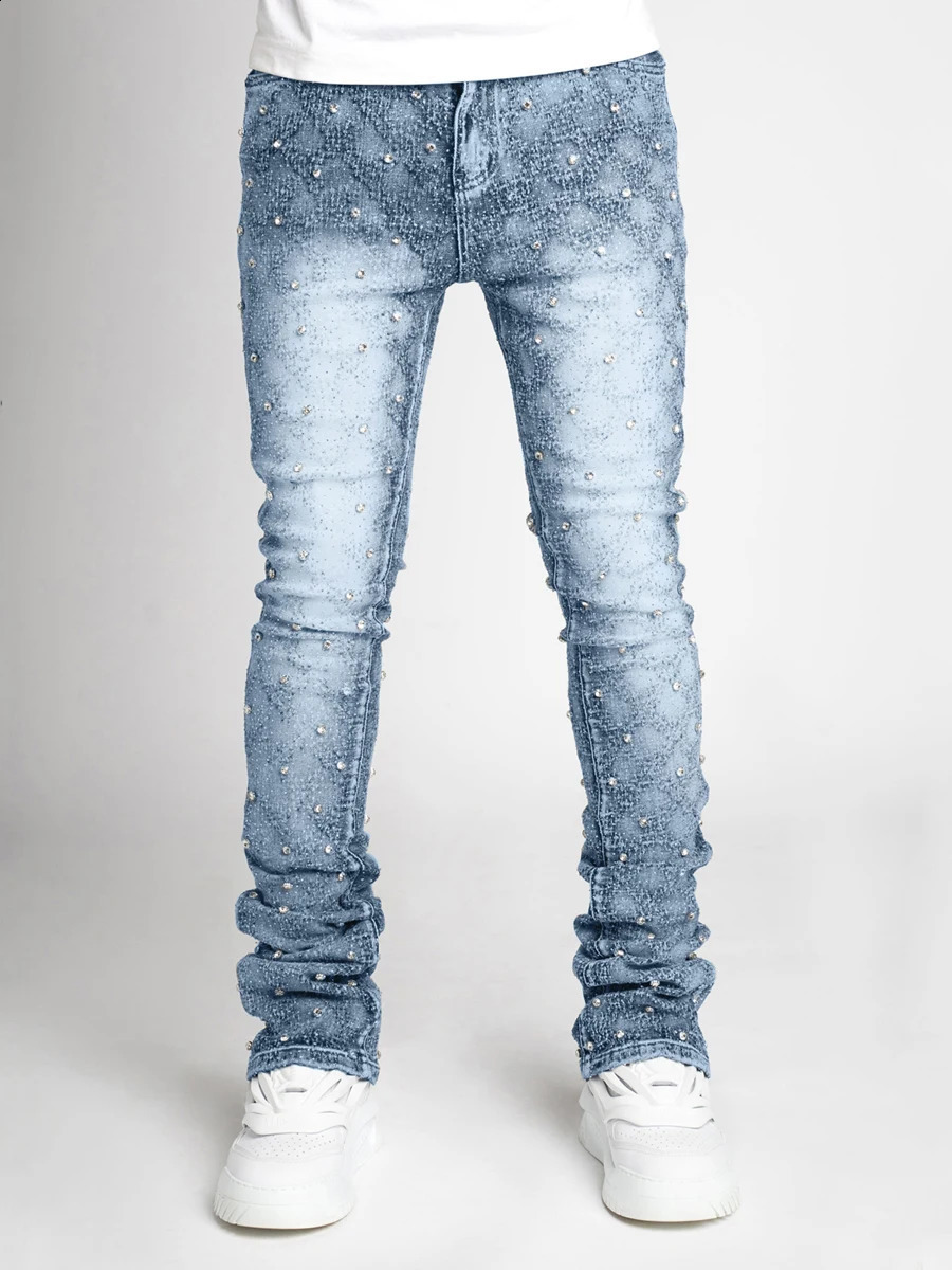 Fashion Mens Spring Summer Skinny Jeans Rhinestone Streetwear Denim Pants with Pockets 241225