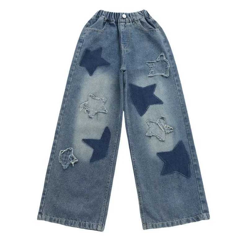New Fashion Stars Towel Embroidery Baggy Kids Jeans Pants Y2K Clothes Straight Hip Hop Cotton Trousers Pants Home Girls jeans W241227
