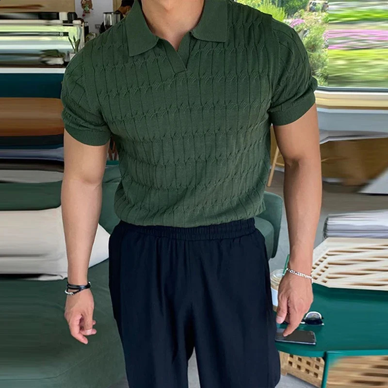 Casual Jacquard Knit Polo Shirt Men Fashion Solid Elastic Knitted Slim Tops Summer Vintage Short Sleeve Polo Tee Mens Streetwear 241227