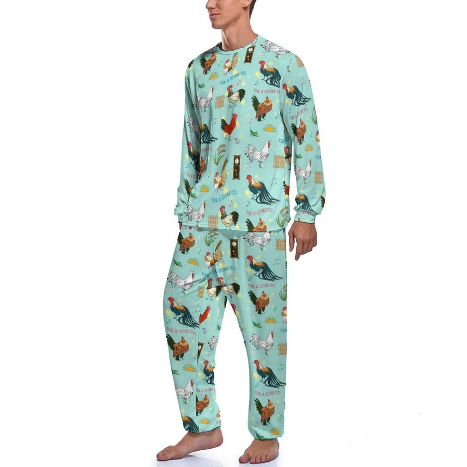 Pretty Cartoon Chicken Pajamas Autumn Cute Roosters Leisure Nightwear Man 2 Pieces Design Long-Sleeve Cute Pajama SetsXJ241227