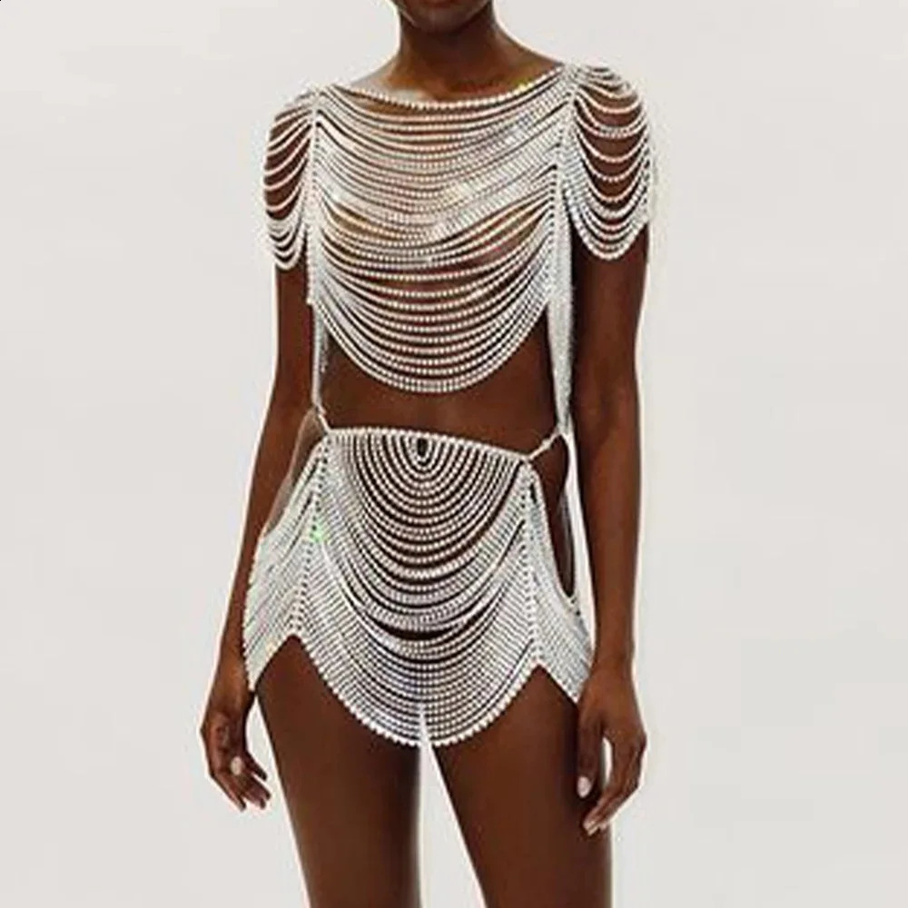 Personalized Multi-layer Hollow Light Style Rhinestone Clothing And Skirts Two Piece Set Body Chain Jewelry 241226