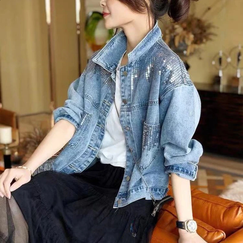 Diamonds Denim Jacket for Women Crop with Rhinestones Sequin Short Blue Plain Outerwear Spring Autumn Woman Jean Coat Small 241223