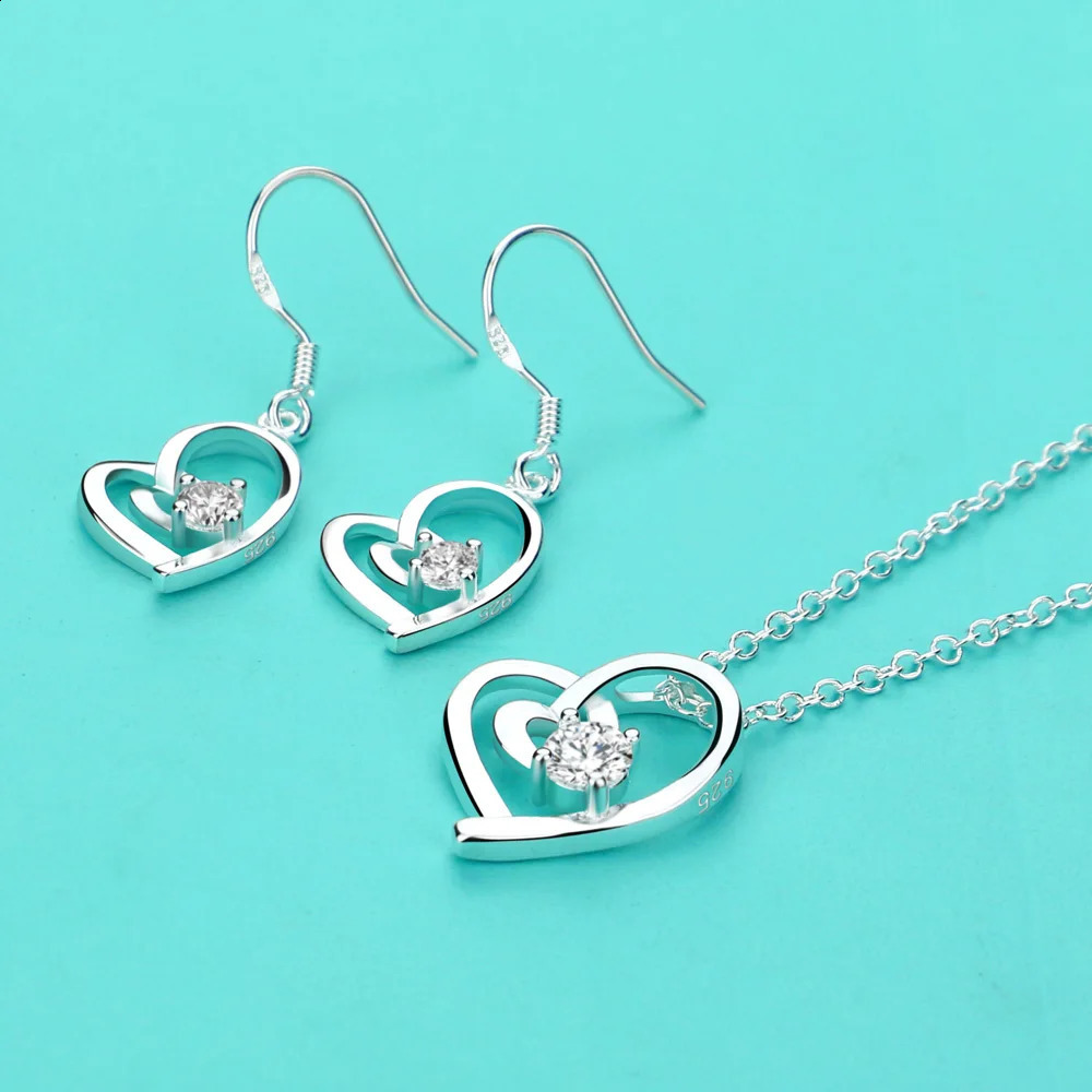 Original 925 Sterling Silver Heart-Shaped Necklace Set For Women Trendy Cubic Zircon Pendant Earring Jewelry Gifts 241226
