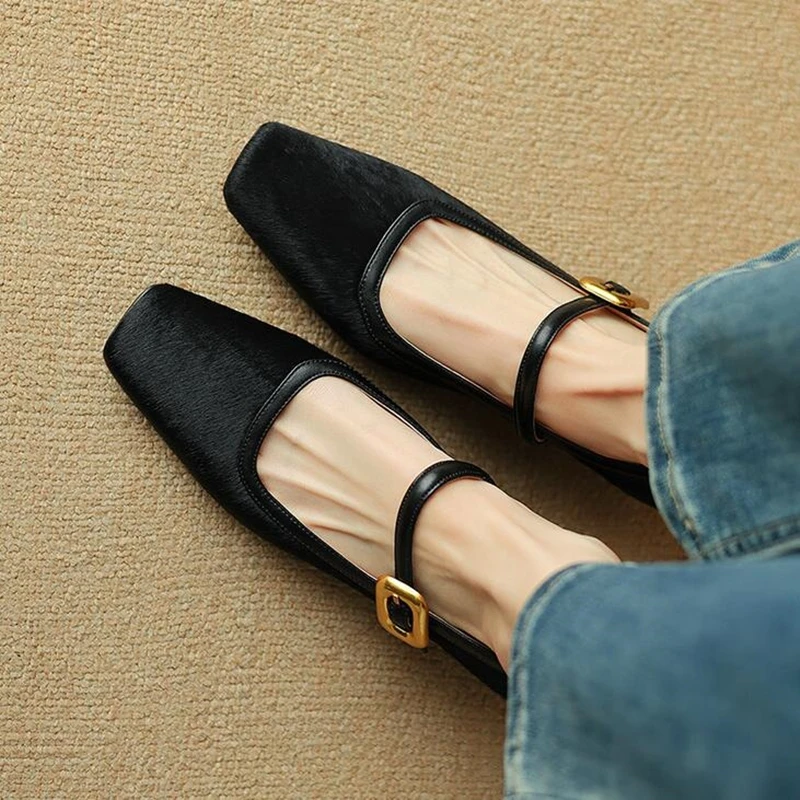 Women's Mary Jane Shoes Shallow Mouth Thick Heel Small Leather Shoes Leopard Print Horse Hair Women's High Heels