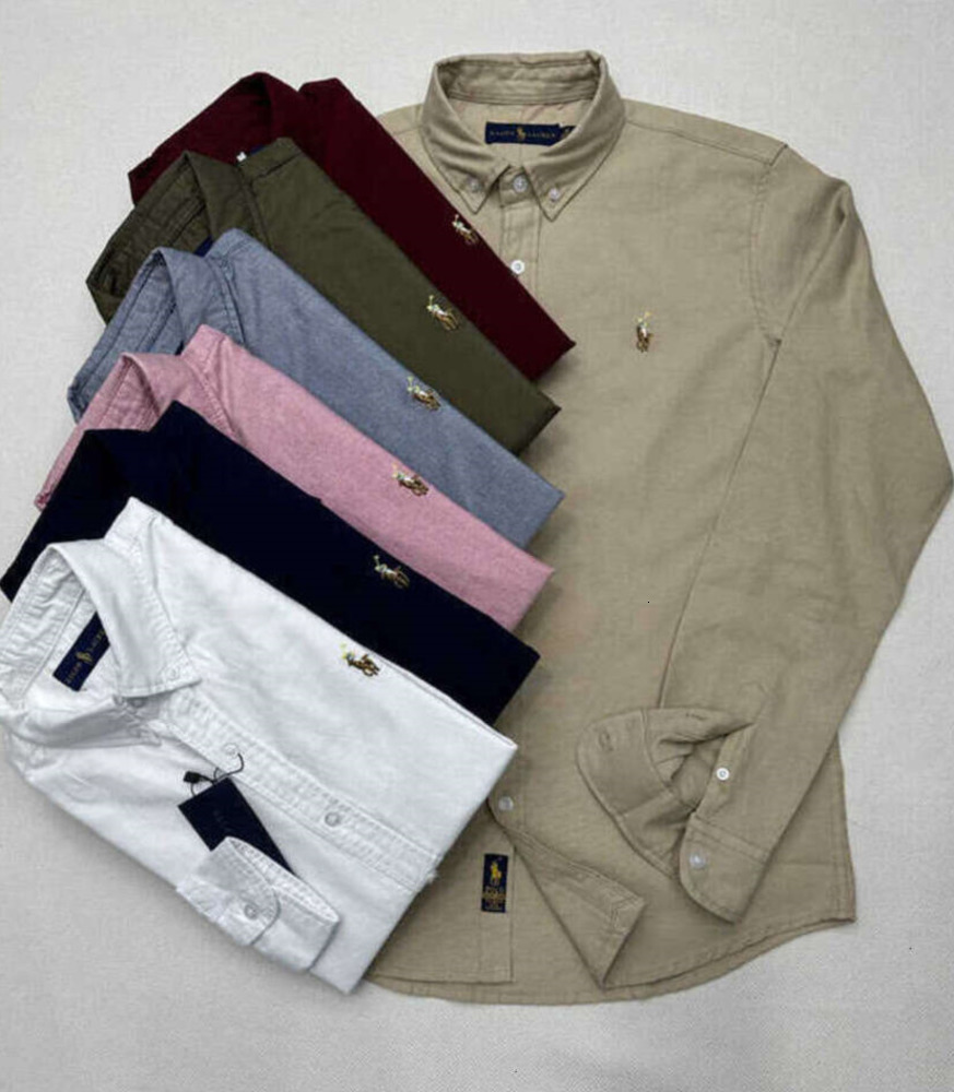 Mens Dress Shirts Spring and Autumn Solid Color Little Horse Boy Long Sleeve Cotton Shirt Business Stripe lasual Oxford Textile POLO et