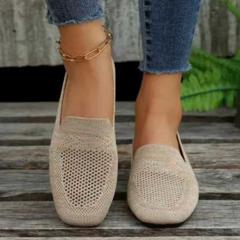 High Quality Solid Color Square Toe Mesh Loafers Shallow Women Flats Shoes Soft Bottom Knit Ballet Flats Shoes Casual Slip on Boat Shoes T241227