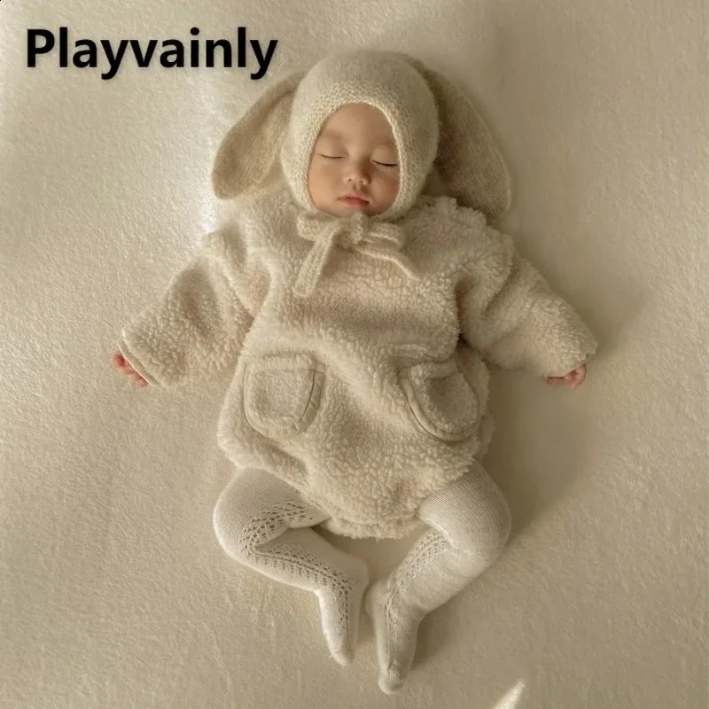 Autumn Winter Infant Toddler Girls Boys Double-sided Plush Pocket O-neck Shoulder Buckle Bodysuit Baby Warm Jumpsuit A9395 241226