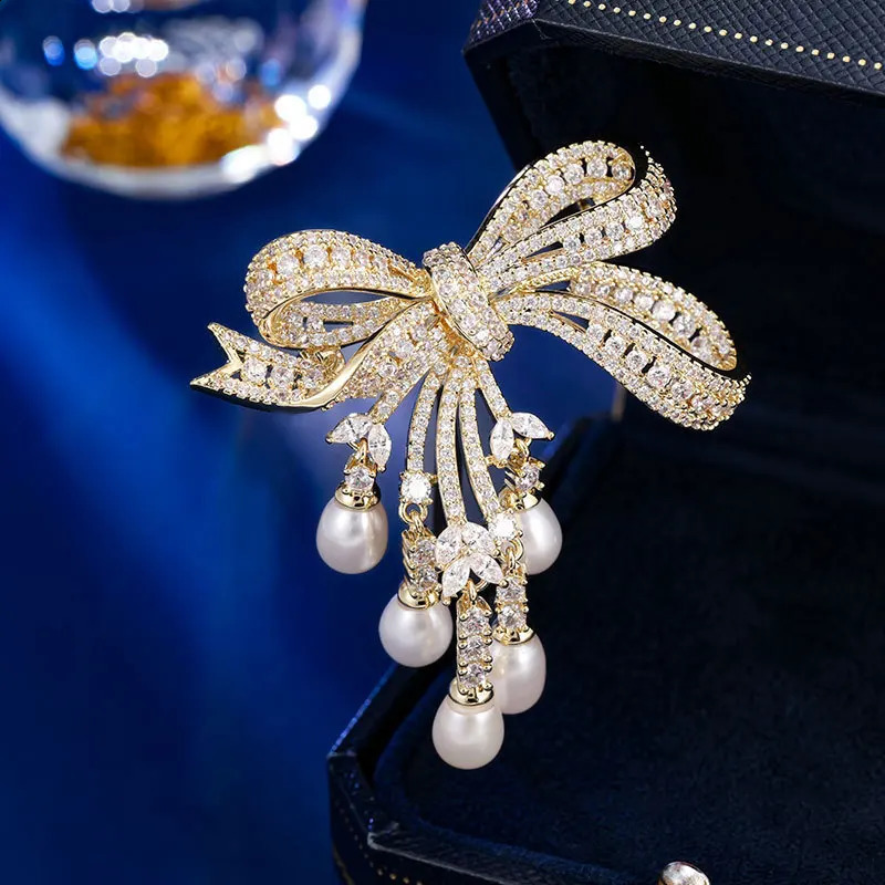 OKILY Freshwater Pearl Bow Brooches Deliicate Zircon Bowknot Corsage for Womens Broche Decorativo De Ropa Accessories 241227