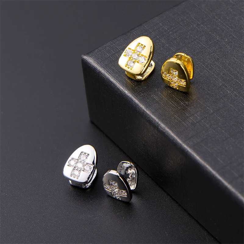 Hip Hop 2pcs d Bling Teeth Grillz With Cross Cubic Zircon Cs Micro Pave Top Bottom Charm Grills For Men Women Jewelry W241227