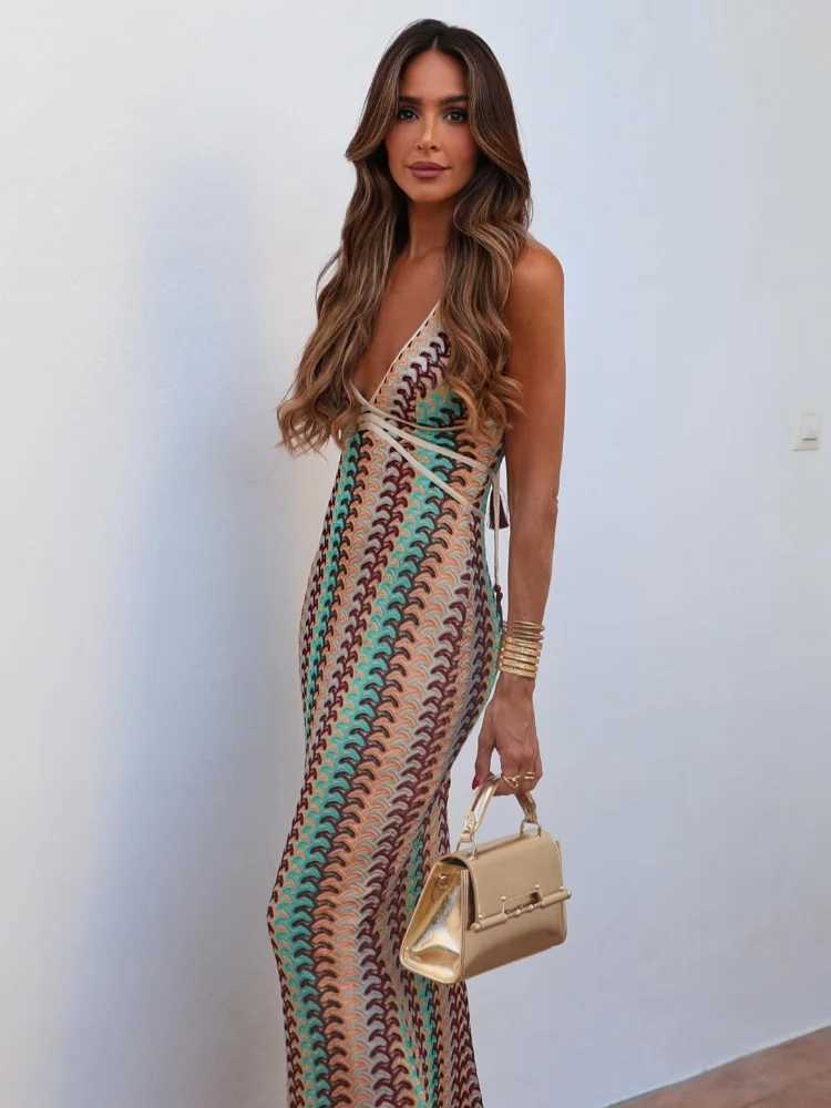 Sexy Dp V-neck Crochet Halter Long Dresses Elegant High Waist Slveless Backless Vestidos 2024 Summer Lady Party Vestidos X250403
