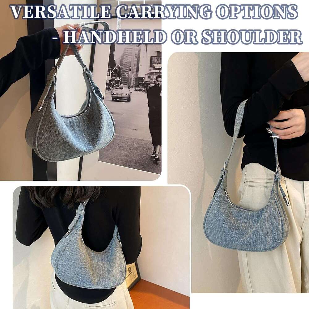 Small Denim Purse, Crescent Bag, Shoulder Bag for Women, Vintage Casual Handbag with Adjustable Strap