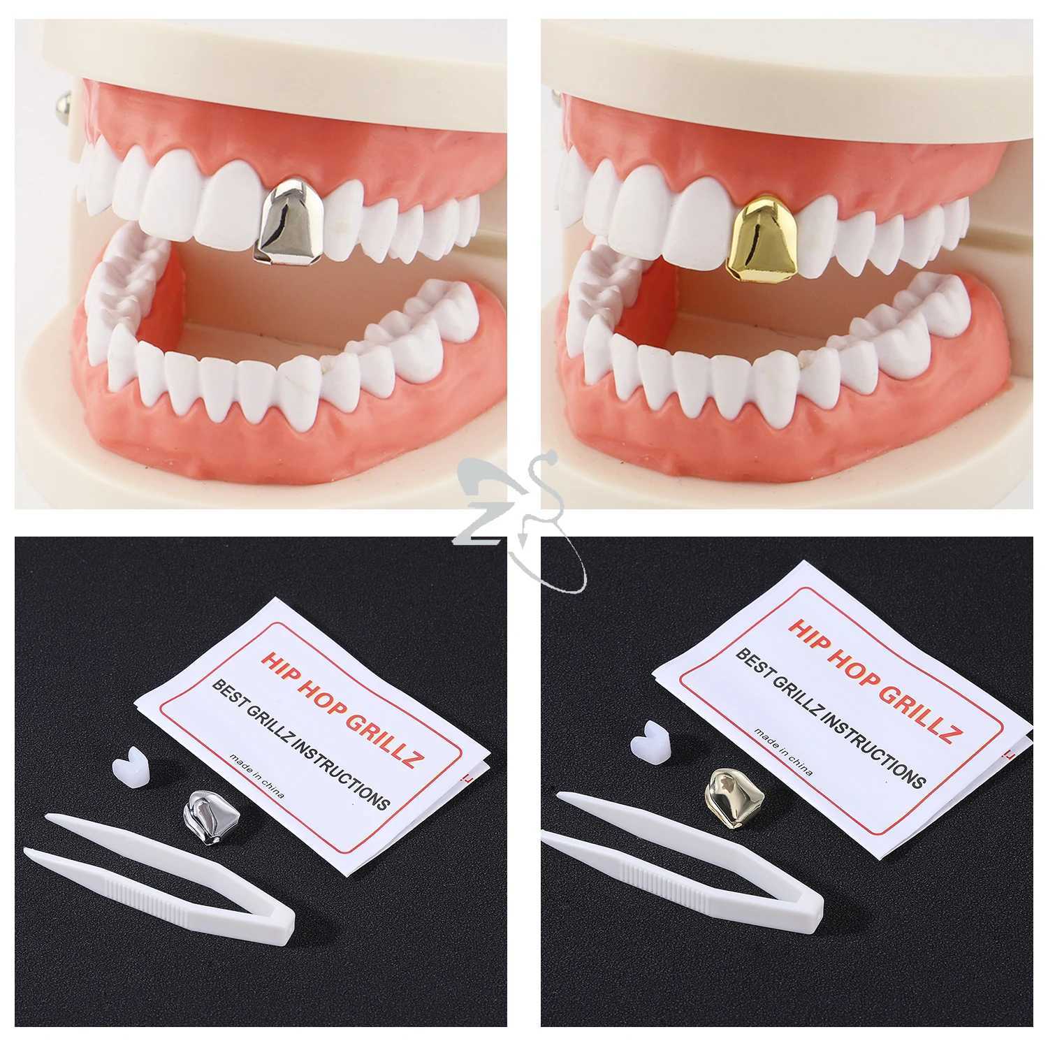 ZS 18K gold-plated Grillz cross shaped crystal gold G Grillz Hip Hop top and bottom teeth C Bling Grill Tren Open Fang W241227