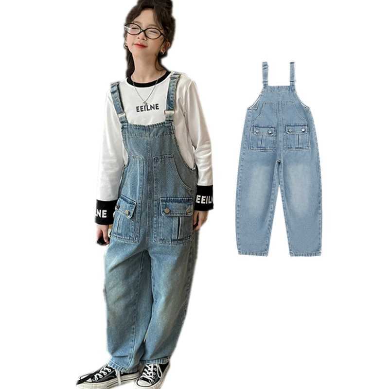 Spring and autumn childrens jumpsuit with pockets girls hanging jeans Trouser childrens girls denim jacket teenagers bib pants W241227