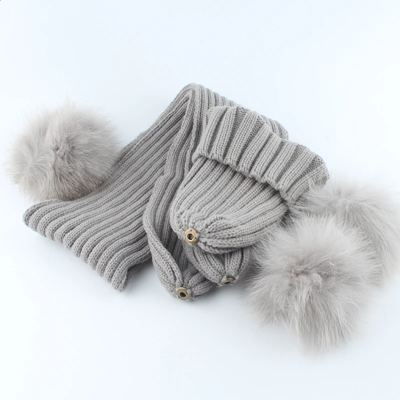 Baby Winter Hat And Scarf For Girls Boys Children Real Fox Fur Pompom Knitting Beanie Hats Kids 3 pieces Pom Hat 241227