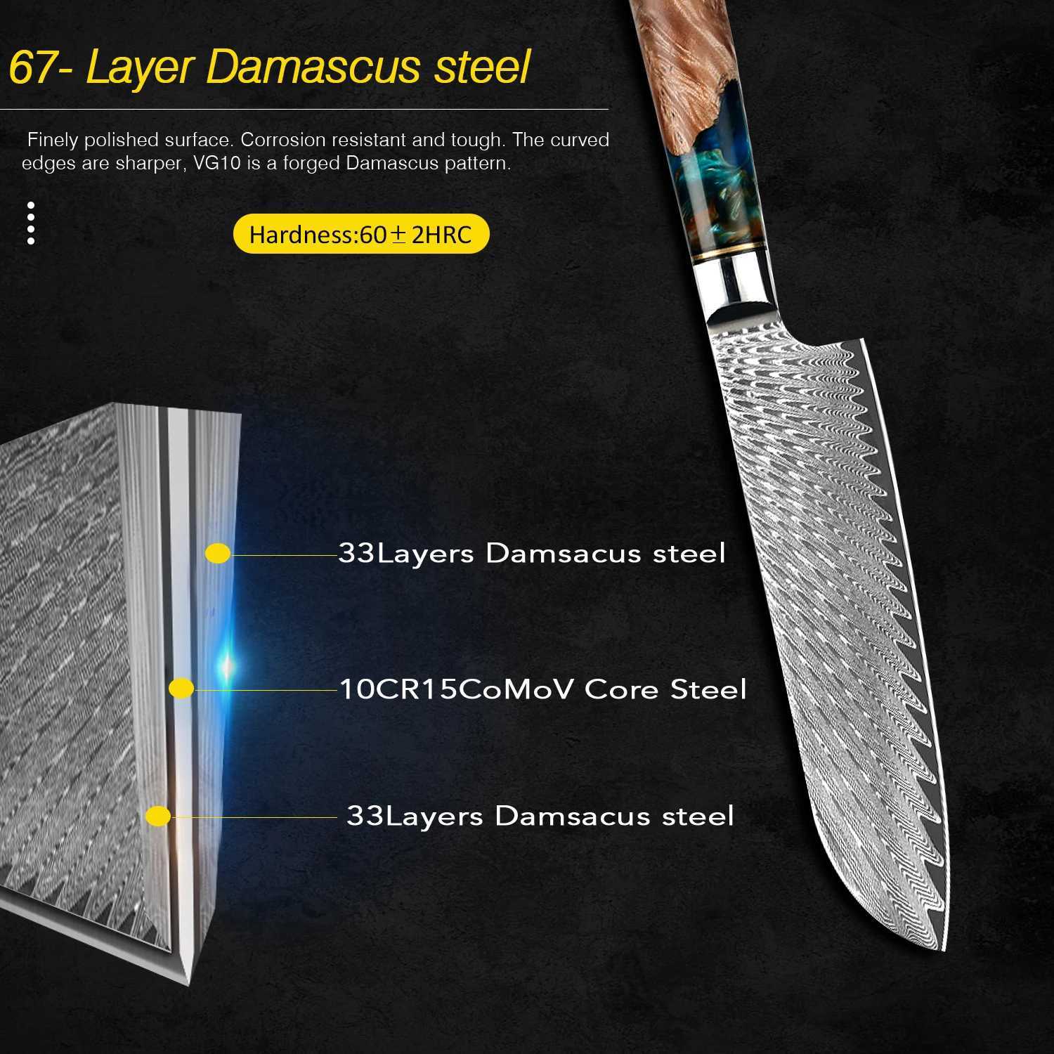 Kitchen Knife Set Damascus Steel VG10 Chef Knife Chop Side Dishes Bread Knife Blue Resin and Colorful Wood Handle Set Y241227
