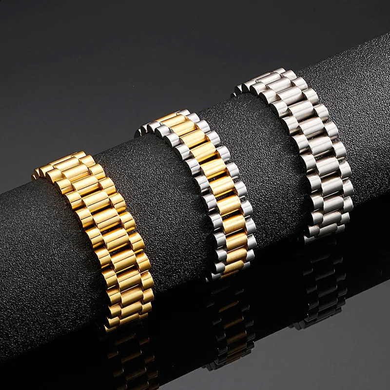 15mm Punk Gold Color Watch Chain Bracelet Ring Men Women Hiphop Stainless Steel Bike Strap Watchband Wristband Bracelets Jewelry 241227