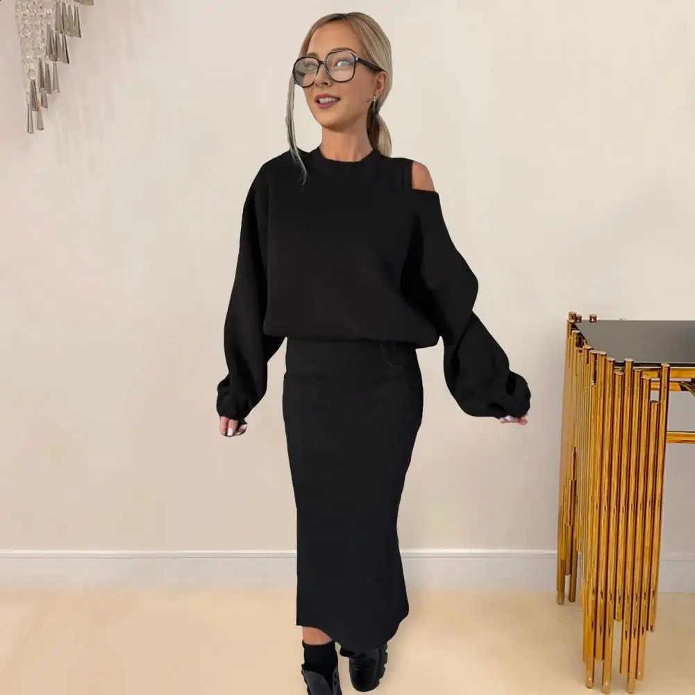 2 Pcs Vintage Women Sweatshirt Dress Set Round Neck Long Bat Sleeve Loose Top Slim Fit Fall Winter Casual Commuting Outfit 241220