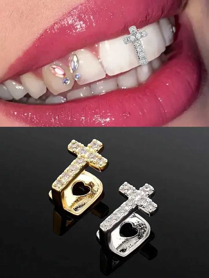 1pc new hip-hop 18k gold-plated elegant and fashionable braces personzed micro set crystal zircon cross single tooth braces W241227