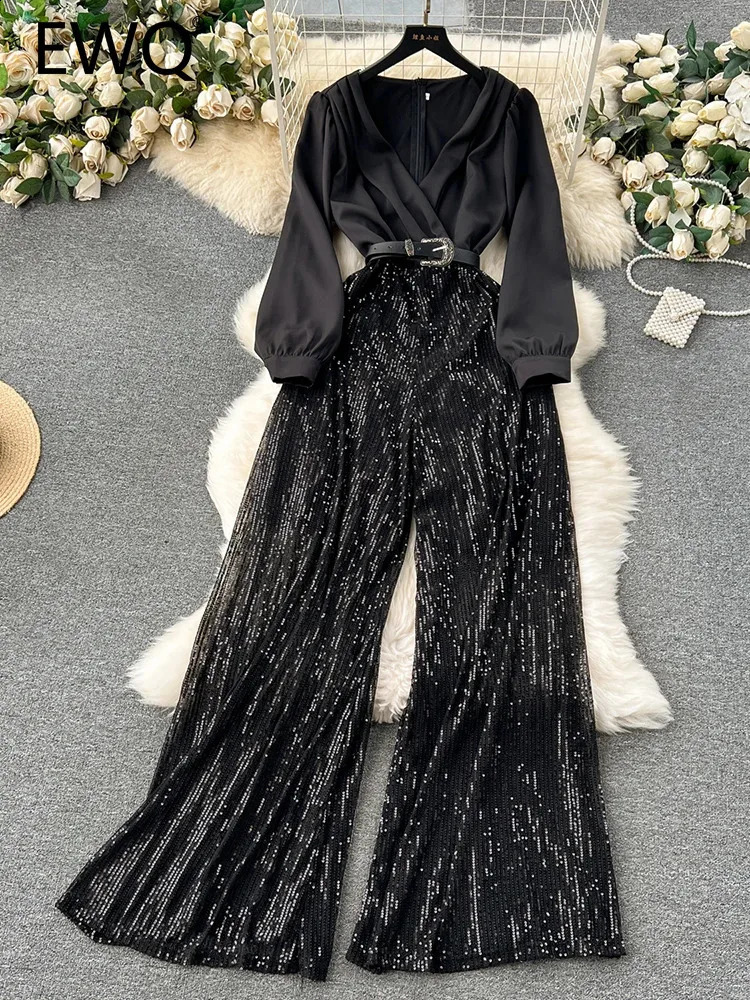 EWQ elegant style chic jumpsuit women fake two piece patchwork sequins with belt high waist jumpsuits winter spring 241224