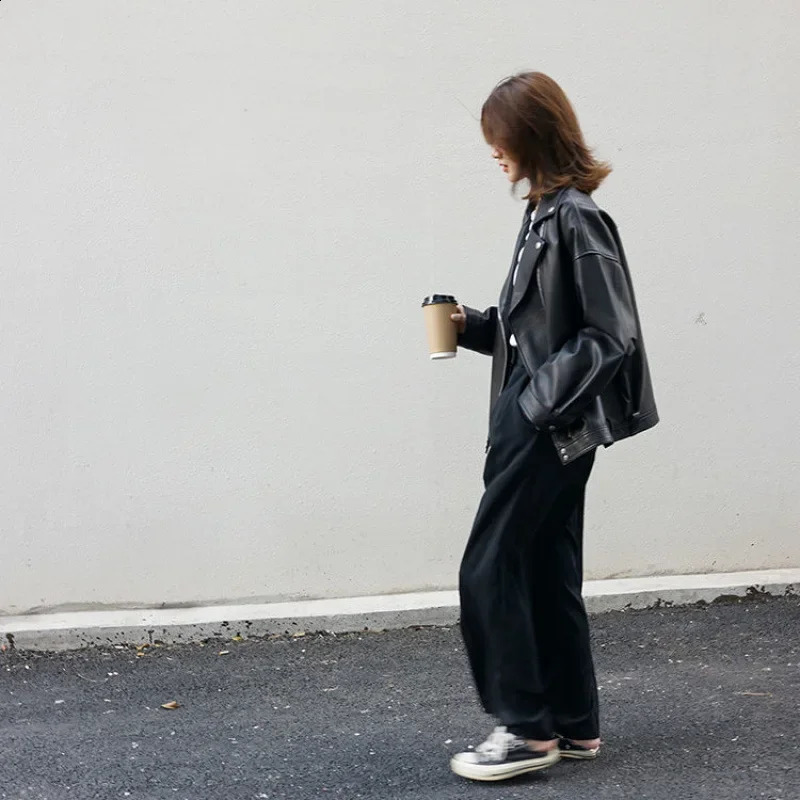 Korean n Sensibility Casual LooseFit Black Motorcycle Leather Jacket For Women Spring Autumn Versatile Slimming Plus Size 241223