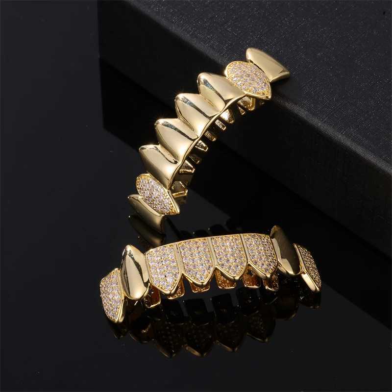 D Z Hip Pop Sparkling Cube Zircon Vampire Teeth Grilz Set Suitable for Men Women Gold Silver Detachable Dental Fashion Jewelry W241227