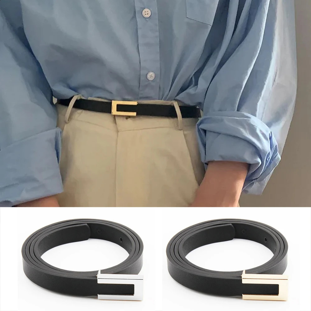 Women Thin Belt Black Gold Silver Metal Buckle Ladies Trouser Dress Decoration Waistband Vintage Casual PU Leather Waist 241225