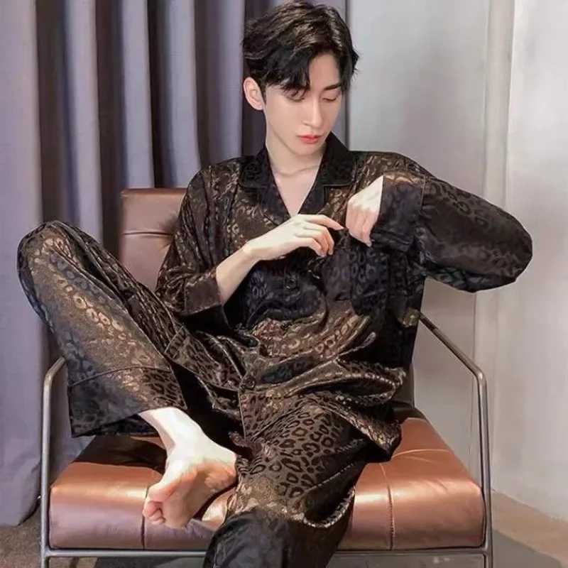 Pajamas men Spring and Autumn Long sleeve Thin ice silk Large size Spring and summer Leopard print cardigan loungewear two-pieceXJ241227