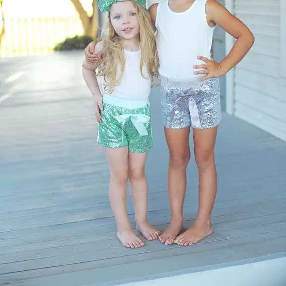 Preschool girl sequined shorts tie bow elastic waist Trousers 1-6Y newly arrived W241227
