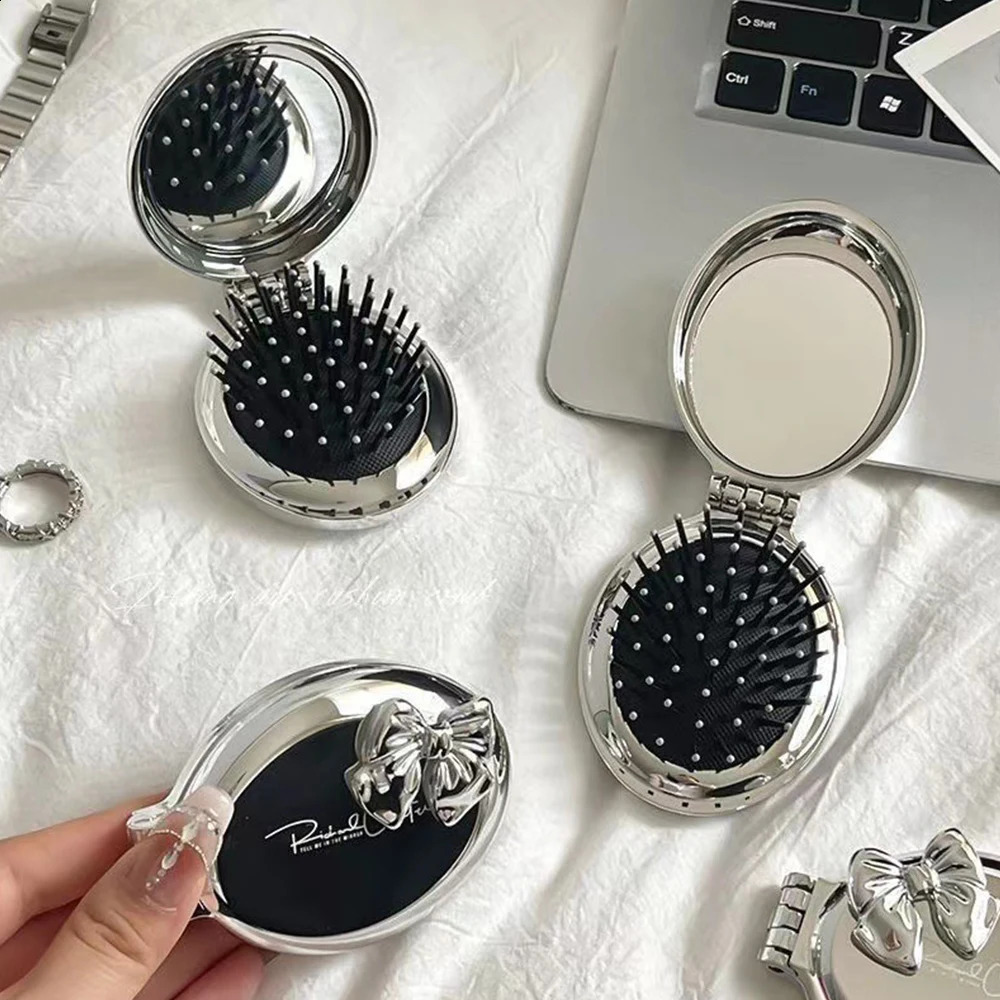 2 In 1 Creative Folding Hair Comb With Mirror For Girls Portable Pocket Size Scalp Massage Comb Mini Hair Brush Styling Tool 250103