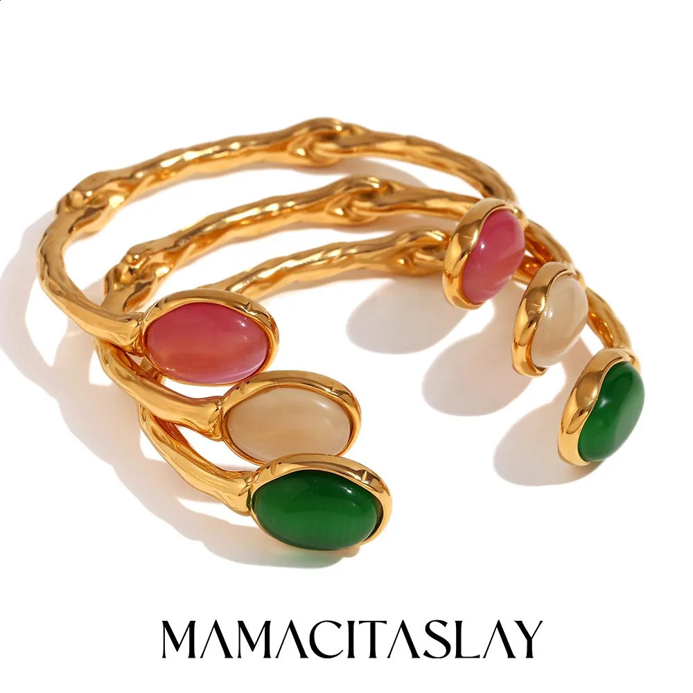 Bilateral Oval Natural Stone Open Irregular Bracelet Womens Hand Bracelets 18K Gold Plated 316L Stainless Steel Jewelry 241227