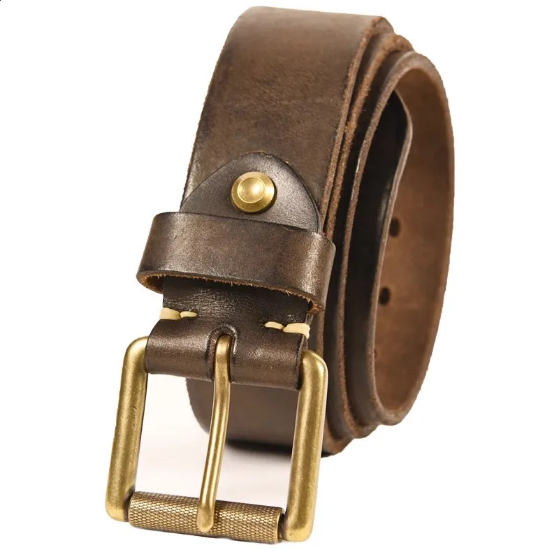 4cm Wide American Handmade Thick Cowhide Mens Belt Vintage Brass Pin Buckle Genuine Leather Jeans Tooling Motorcycle Belt 241226